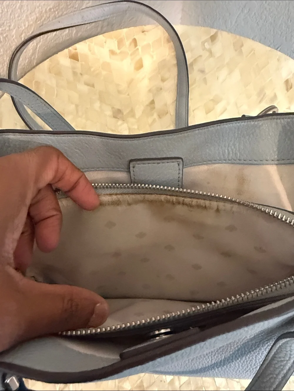 Kate Spade pale blue pebbled leather satchel with charm